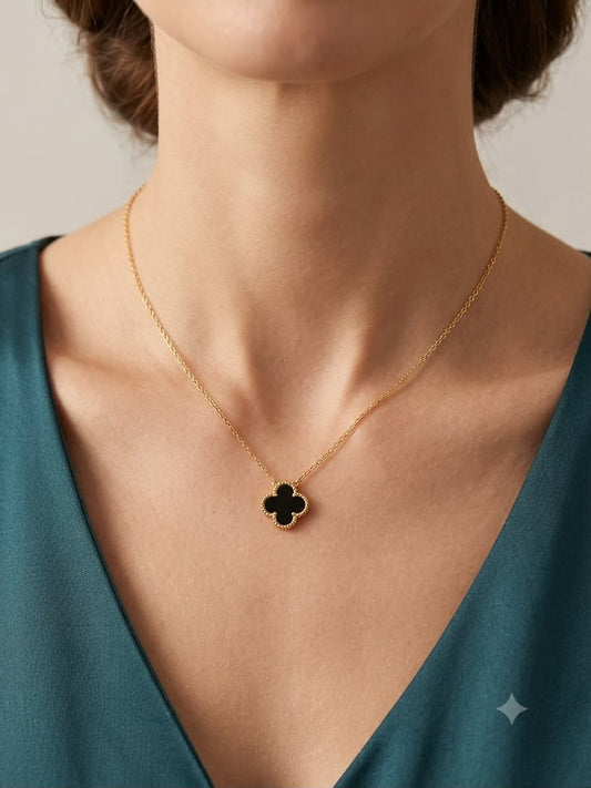 Elegant Black Clover Gold-Tone Pendant Necklace for Women