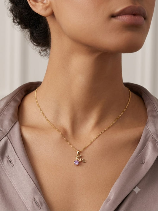 Bicycle Pendant Necklace with Purple Crystal