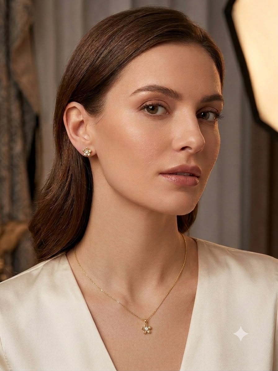 Elegant Floral Pendant Necklace & Stud Earrings Set for Women