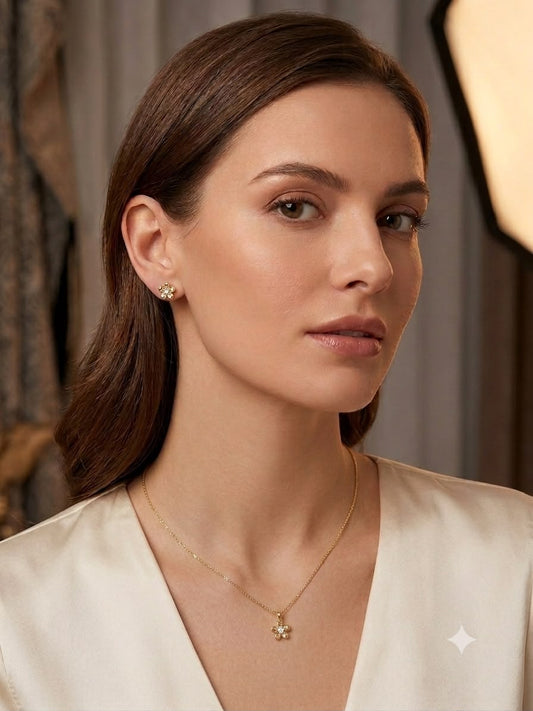 Elegant Floral Pendant Necklace & Stud Earrings Set for Women